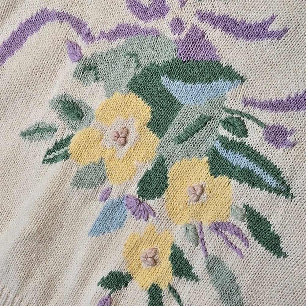 VTG 90's Floral Puff Short Sleeve Sweater Grannycore Cottage Butterfly Knit MD - Picture 7 of 7